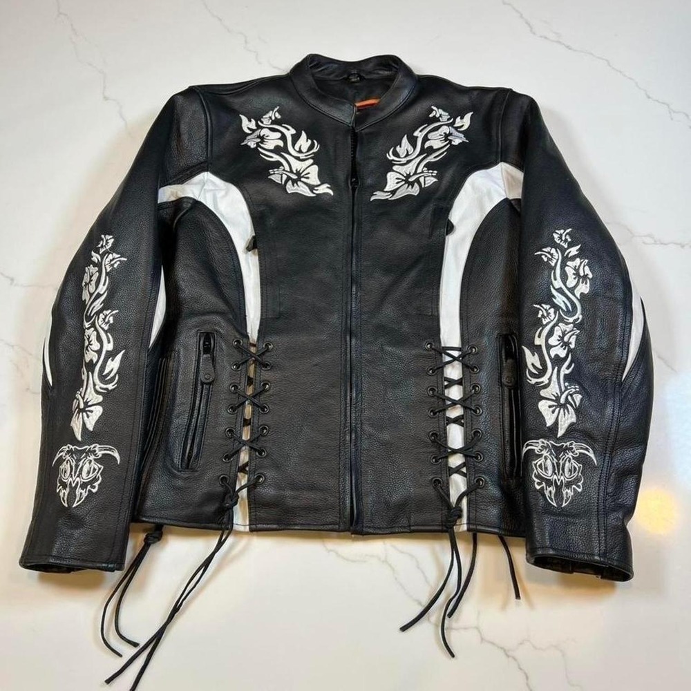 Street Legal Performance Motorcycle Jacket Womens Small Black Leather Floral